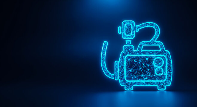 Abstract neon blue outline of a medical ventilator machine with tubes and controls, set against a dark gradient background.
