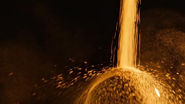 Molten material pouring downward in dark environment. Bright orange stream forming glowing orb with sparks. Industrial heat and light visualization for manufacturing concepts