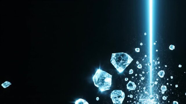 Blue light beam ascending from base and dispersing into crystal shards. Digital energy burst sequence with glowing fragments. Abstract visual effect for technology innovation and corporate graphics