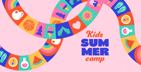 Fototapeta na wymiar Colorful playful kids summer camp poster template with geometric fun activities icons ribbon. Modern summer background illustration.