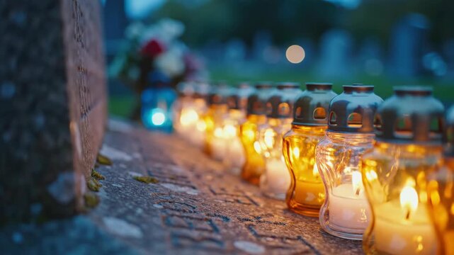 Row of lit candles on a grave in a cemetery at dusk. Glowing memorial lanterns on a stone tombstone. Remembrance and mourning concept