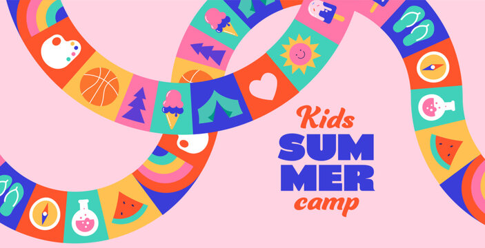 Colorful playful kids summer camp poster template with geometric fun activities icons ribbon. Modern summer background illustration.