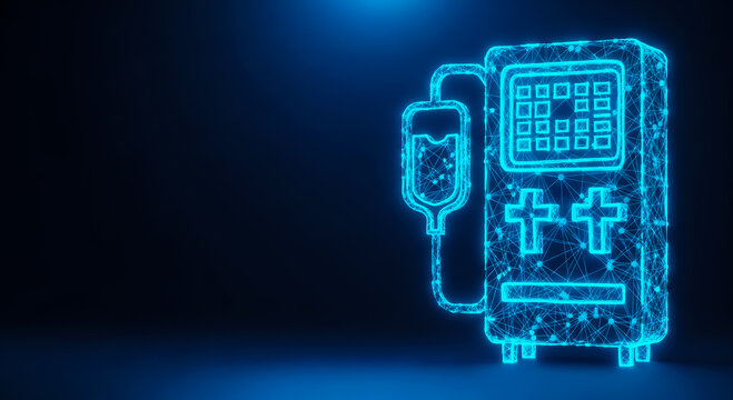 A modern, neon-blue vending machine with a sleek, abstract digital design, showcasing advanced technology and innovation.