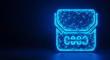 Fototapeta premium A modern digital wallet icon with glowing blue neon lines and geometric patterns, symbolizing cryptocurrency and digital payments on a dark background.