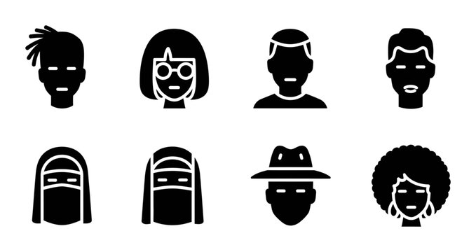 Diverse Human Faces Icons, People Silhouettes Collection, Multicultural Avatars Set, Modern Profile Graphics
