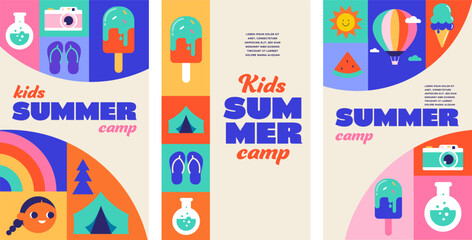 Fototapeta na wymiar Geometric kids science summer camp vertical poster templates with fun activities icons. Colorful summer background vector illustration.
