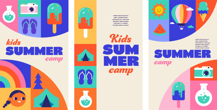 Geometric kids science summer camp vertical poster templates with fun activities icons. Colorful summer background vector illustration.