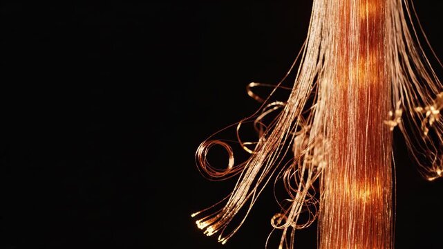 Glowing orange fibers expanding from central point against black background. Abstract animation showing light strands twisting and spreading outward. Digital visualization for technology connectivity