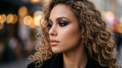 Fototapeta premium Beautiful Woman With Curly Hair And Glamorous Makeup Outdoors