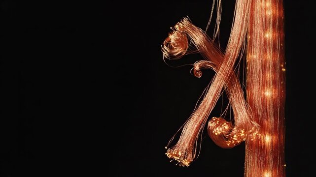 Abstract sequence of glowing orange fiber strands expanding from central vertical axis against black background. Light diffusion progression for digital effects and technology visualization