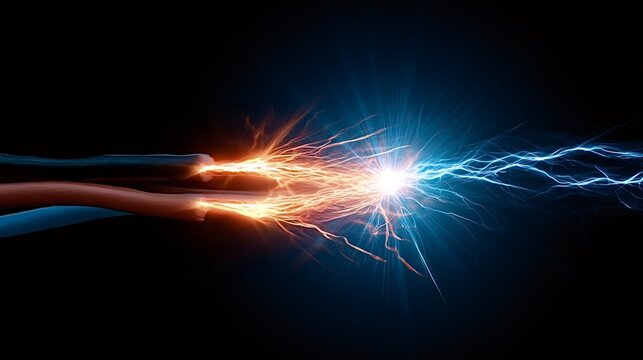 Electrical wires with exposed ends connecting in a vibrant blue and orange spark, illustrating the concept of energy, power, and dynamic force against a dark background