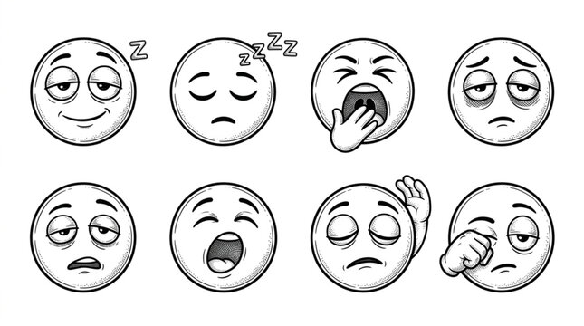 Collection of Tired Emoji Faces in Sketch Style.