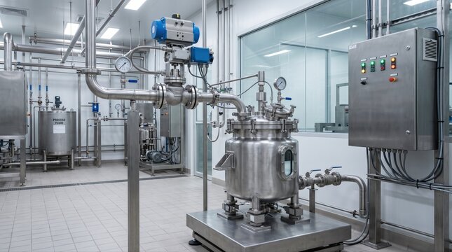 Industrial medium shot of a closedloop weighing control system managing valve flow for accurate chemical dosing in a clean processing environment.