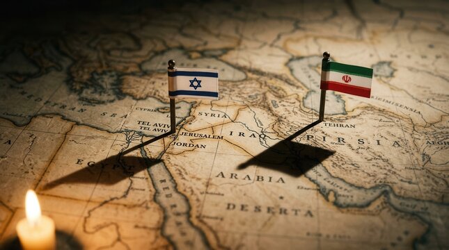 Israel Iran flags map candle light Middle East conflict