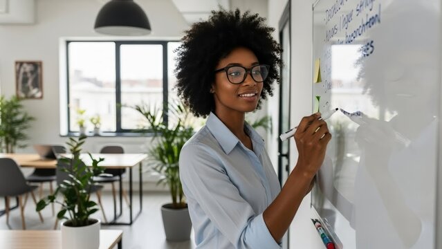 Woman writing on whiteboard in modern office