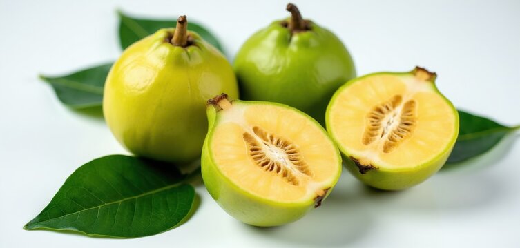 Whole and cut green jambu fruits with leaves on white backdrop. Displays vibrant color texture juicy flesh seeds. Good for healthy diet food.
