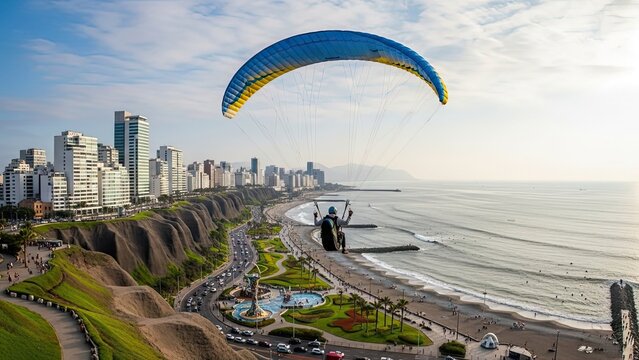 Paragliding adventure over the scenic coastline of Miraflores district Lima Peru