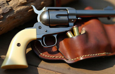 Obraz premium Antique revolver with ivory grip rests in leather holster. Bullets and cartridge belt nearby. Vintage western weapon detail on wooden surface.