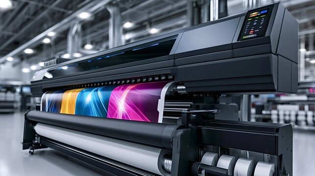 Industrial wide format digital plotter printing a vibrant cmyk graphic design on a large roll of paper in a modern manufacturing facility, showcasing advanced technology and precise output