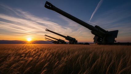 Fototapeta premium Heavy Artillery Silhouetted Against a Dramatic Sunset Over a Golden Field of Grain
