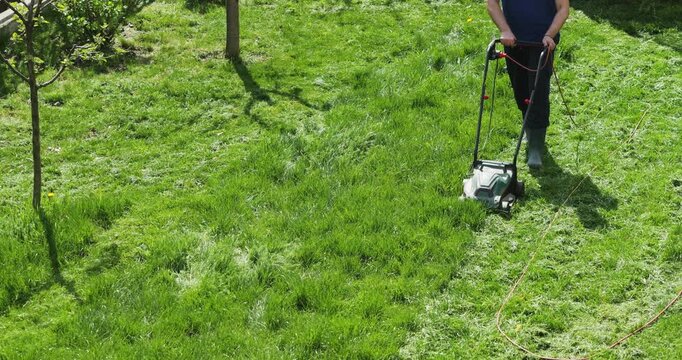 Man pushing a corded electric lawnmower, cutting a path through the tall green grass in a sunny yard