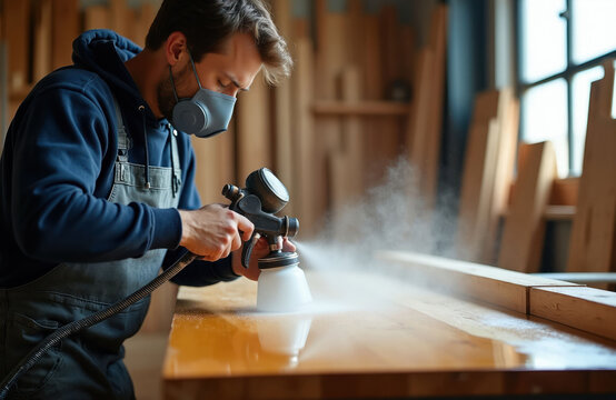 Woodworker wears mask, sprays finish onto wood surface with spray gun in workshop. Professional furniture maker applies varnish. Craftsman paints wood.