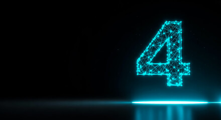 Fototapeta premium A sleek, neon-blue glowing number '4' stands out against a dark backdrop, with subtle light reflections adding depth.