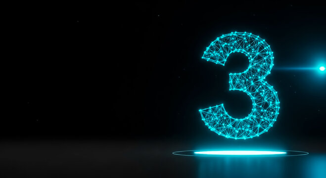 A vibrant, glowing number 3 rendered in blue with particle effects, set against a sleek dark background. Ideal for futuristic or tech-themed designs.