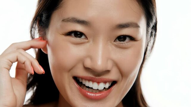 Young Asian woman laughing and smiling at the camera. Close-up of happy female with orange nails and clear skin. Beauty and positivity concept