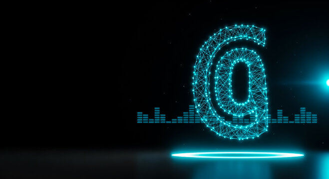 A glowing, wireframe @ symbol on a dark, tech-themed background with equalizer audio waves.