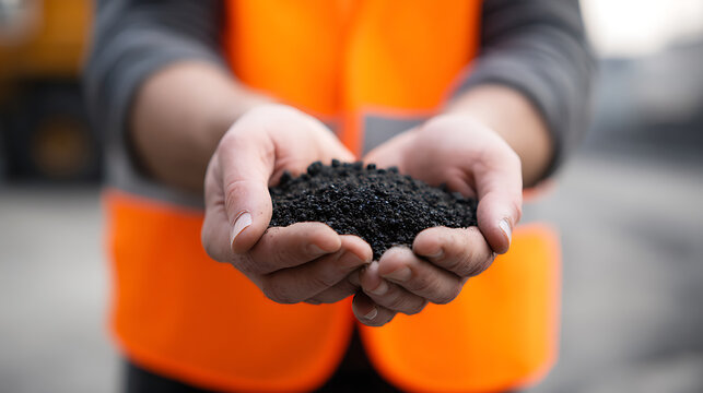 Worker in Bright Orange Vest Holds Cupped Hands with Black Granules, Highlighting Material Quality, Industry and Manufacturing Process