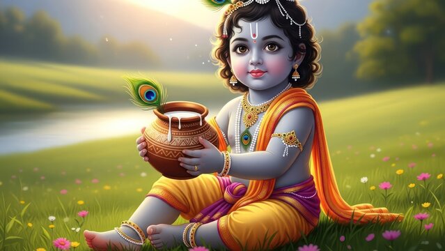 Captivating illustration of baby Krishna with peacock feather and milk pot in verdant meadow