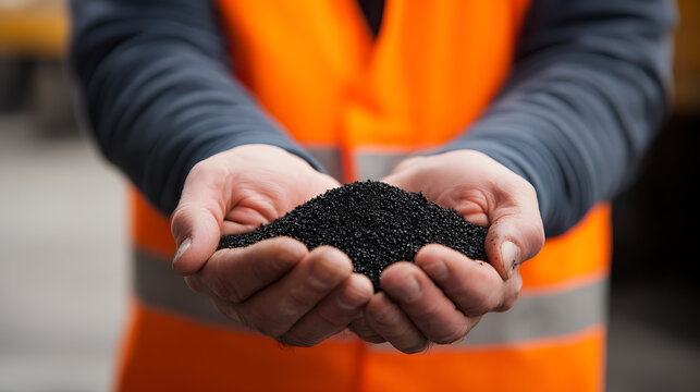 Close-up of human hands hold small black pellets, showing material inspection after production or recycling, focus on sustainable industry
