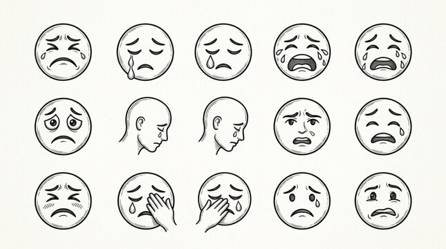 Collection of Sad and Crying Emoji Faces Hand Drawn Sketch Style.
