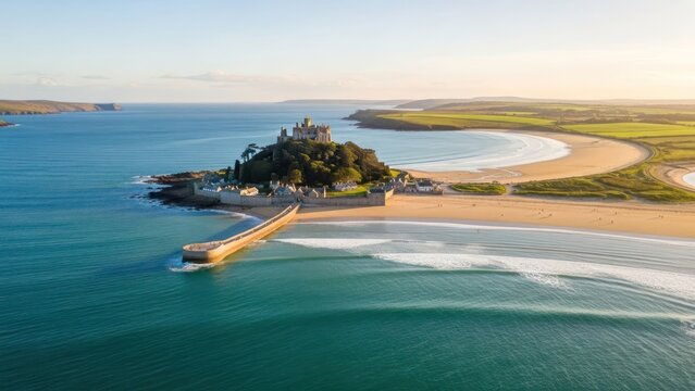 Majestic castle perched atop an island surrounded by turquoise waters and golden sands at sunset