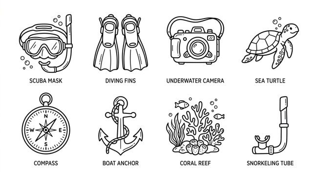 Collection of marine life and diving equipment icons.