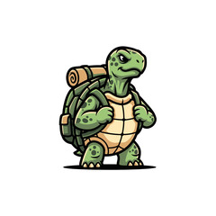 Obraz premium Cartoon turtle with a backpack, symbolizing adventure, travel, and slow but steady progress.