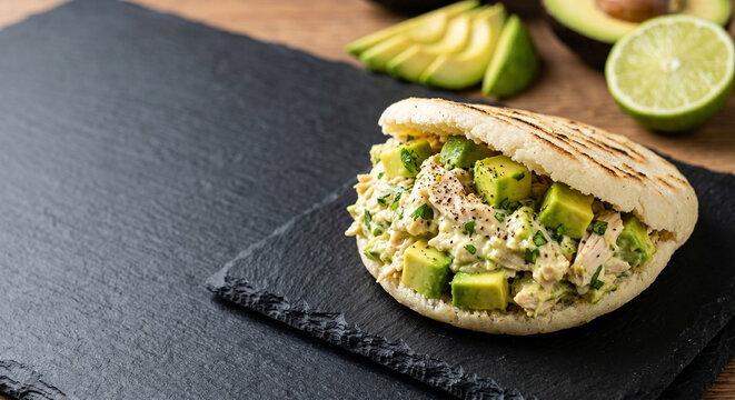 Gourmet Venezuelan Arepa Reina Pepiada with Chicken and Avocado with Copy Space