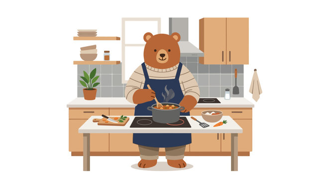 A friendly bear in an apron happily stirring a pot of food on a kitchen stove, surrounded by fresh ingredients