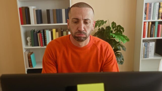 Man covering face with hands at building desk computer monitor in office wearing orange sweater; stress recovery.