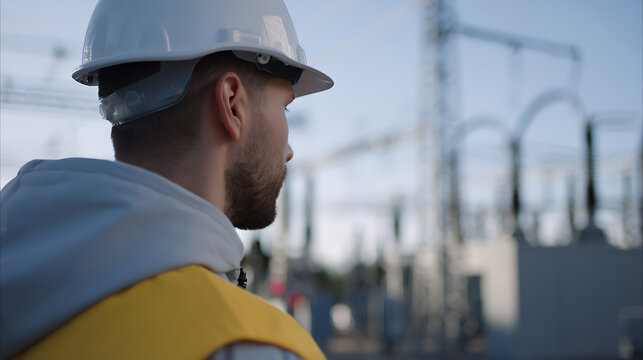 Serious male technician in hard hat and safety vest observe power lines, electric equipment at a sub station, inspecting progress