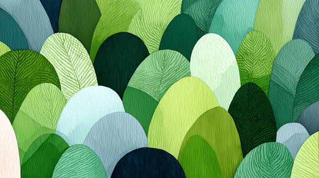 Botanical illustration of green and teal leaf patterns background