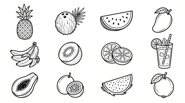 Collection of Hand Drawn Tropical Fruits and Beverage.