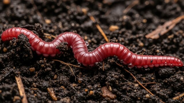 Detailed close-up of a vibrant red earthworm on rich, damp soil conveying nature's beauty