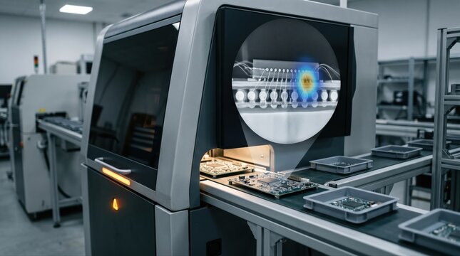 Medium shot of an inline Xray inspection system analyzing hidden joints on electronic components highlighting automated nondestructive testing of delicate internal connections.
