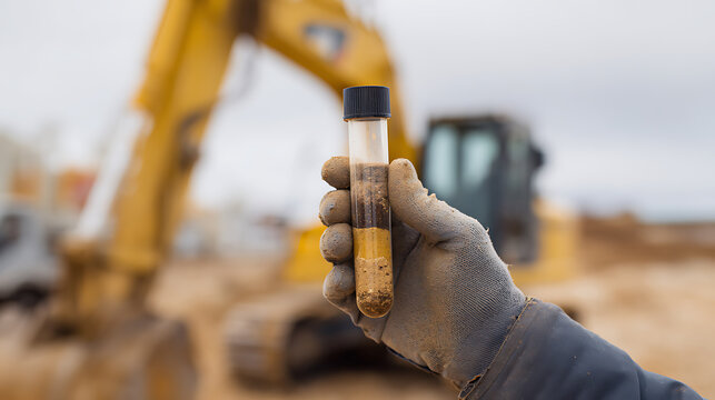 Gloved hand hold soil sample test tube, showing stratified layers of earth, with construction excavator machine in background at building site