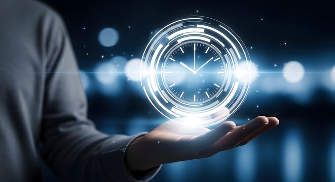 Time management concept hand holding digital clock with futuristic interface