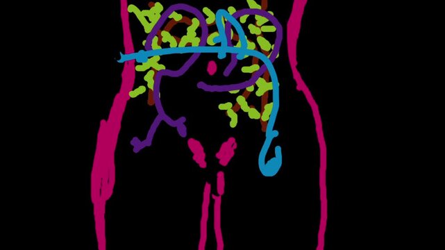 Hand-drawn neon human body silhouette breathing animation. Bio-energy flow concept with internal technology circuits on black background. Health and biofeedback metaphor.Body, Energy, Neon, Circuits, 
