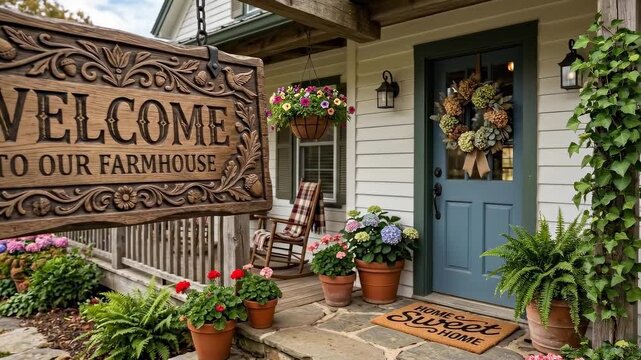 Panning shot of farmhouse porch with wooden welcome sign swaying among potted plants and doormat at countryside entrance during autumn daytime