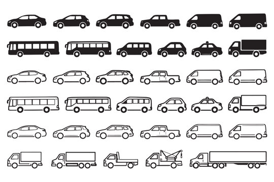 Vehicle Icons Set &mdash; Car, Bus, Van and Truck Silhouettes and Outline Symbols for Transportation